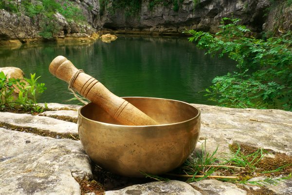 A closeup of a singing bowl placed in nature with the river in the background